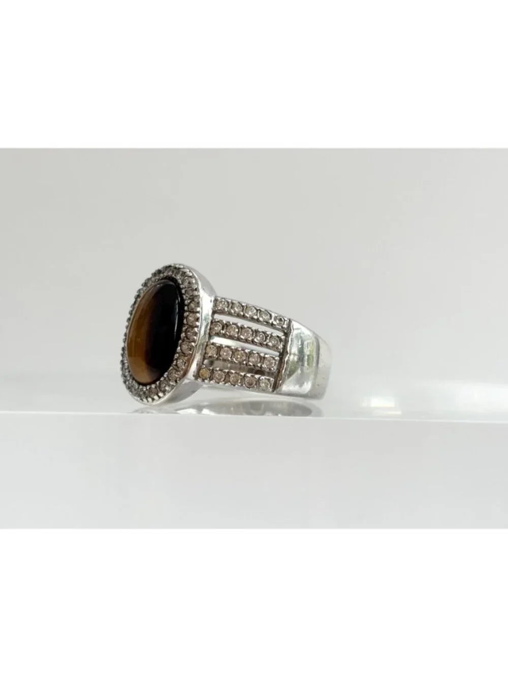 Genuine Tiger's Eye Gemstone Open Shank Sterling Silver 925 Vintage Ring - sz 8